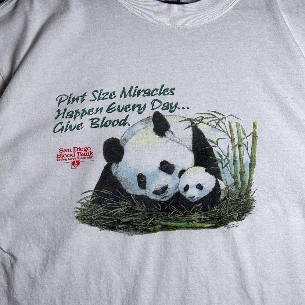 Vintage San Diego Blood Bank Panda Graphic T-Shirt White XL Gildan Heavyweight‎